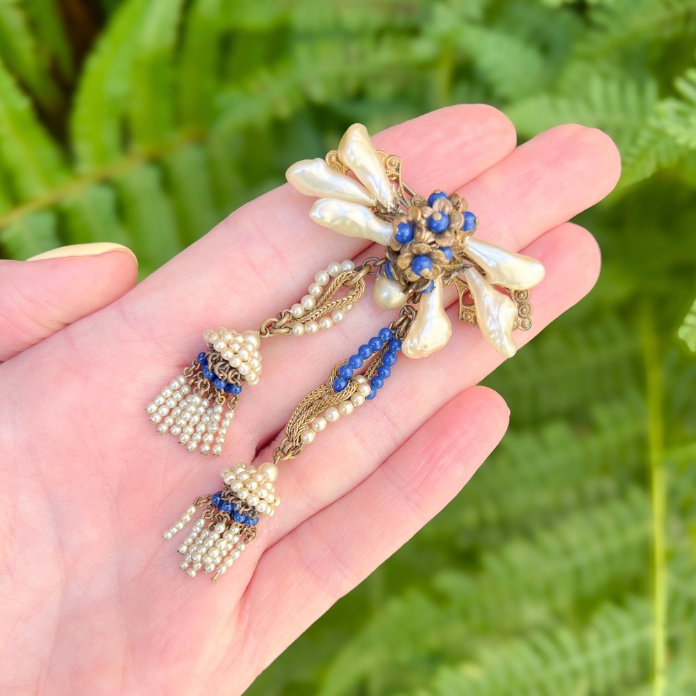 1940s Faux Pearl and Blue Glass Vintage Floral Tassel Brooch